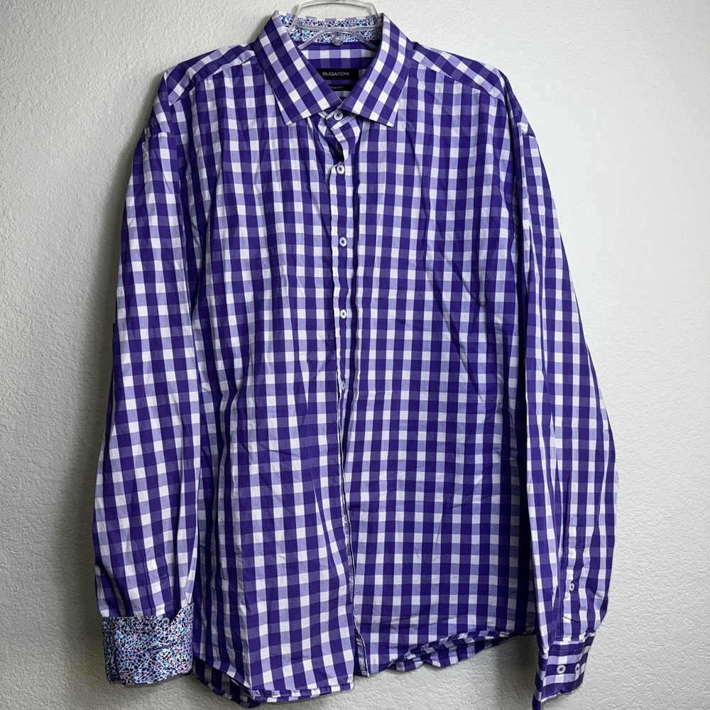 Bugatchi Shirt 3XL Shaped Fit Purple Gingham Check Long Sleeve Flip Cuff Cotton